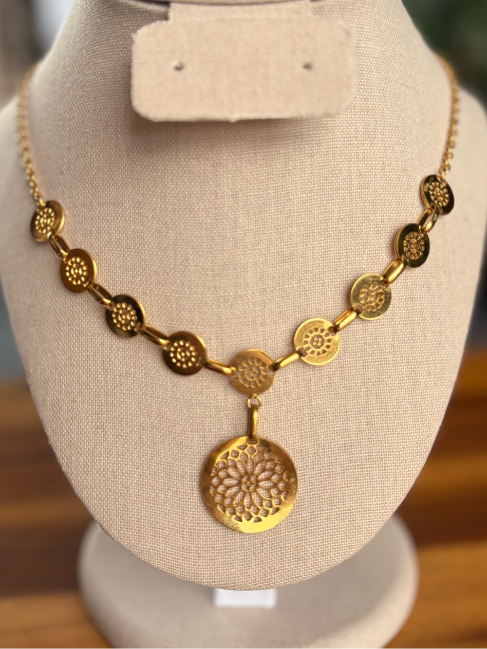 Gold Tone Boho Filigree Disc Collar Necklace Cutout Mandala Coin Station Choker - Picture 2 of 5